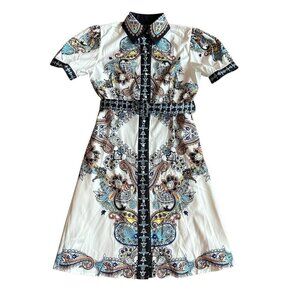 Kaimilan White Floral Print Knee-Length Dress Button-Down w/ Belt Size 8 NWT